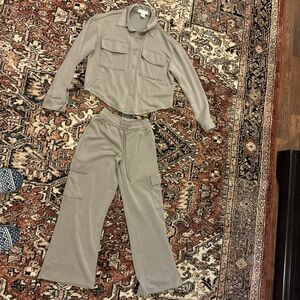 Women's Wide-Leg Cargo Jumpsuit Set in Taupe